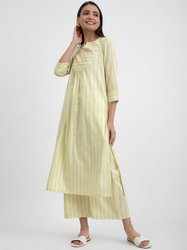 Buy Yellow Cotton Striped Straight Kurta Set Online | Pink Fort