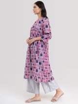 Buy Grey and Navy Blue Flared Abstract Print Kurta Set Online | Pinkfort
