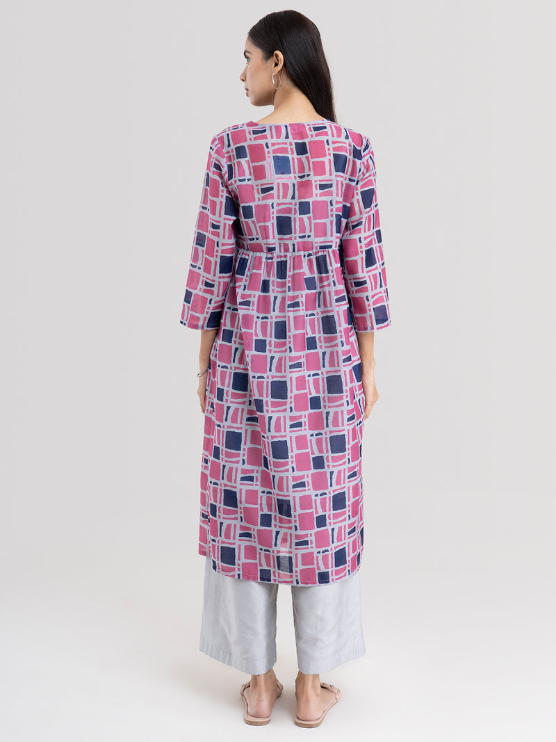 Buy Grey and Navy Blue Flared Abstract Print Kurta Set Online | Pinkfort