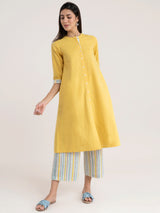Buy Yellow Solid And Stripe Kurta Set Online | Pinkfort