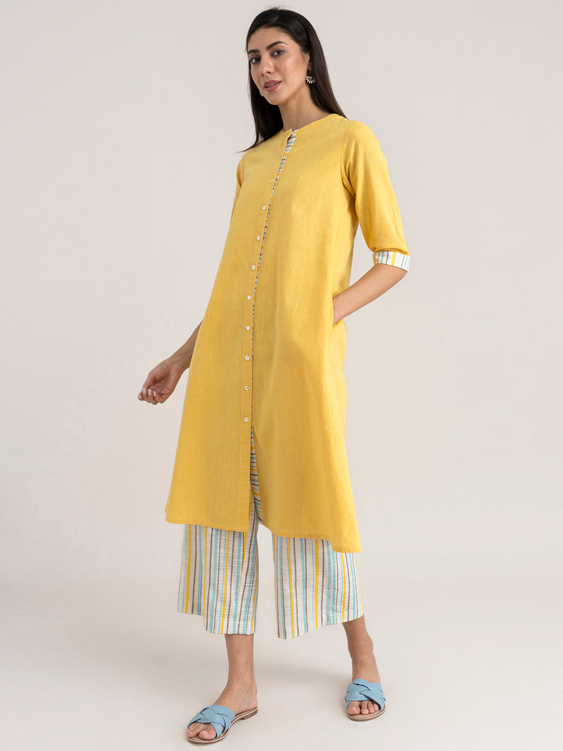 Buy Yellow Solid And Stripe Kurta Set Online | Pinkfort