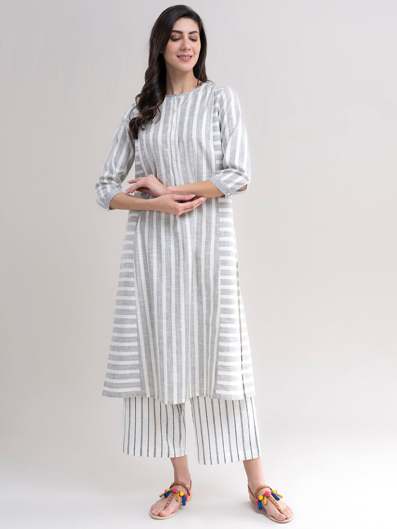 Buy Black And White Striped Shirt Kurta Set Online | Pinkfort