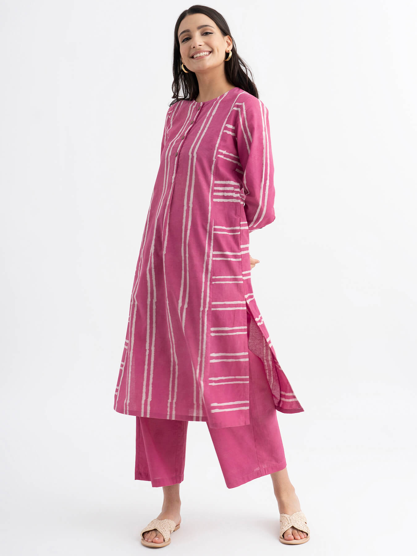 Cotton Dabu Handblock Striped Printed Kurta Set - Pink