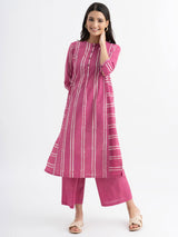 Cotton Dabu Handblock Striped Printed Kurta Set - Pink