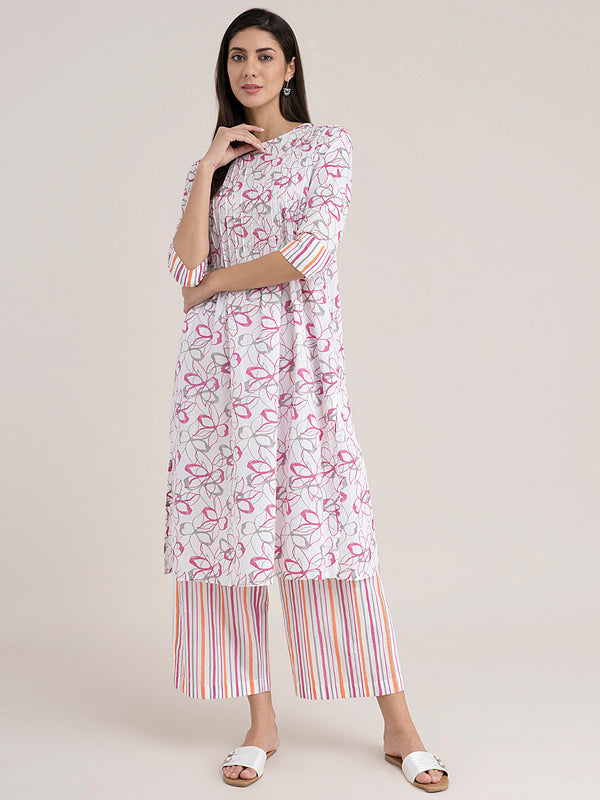 Buy White Floral And Striped Cotton Kurta Set Online | Pinkfort