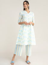 Buy Yellow And Blue Floral And Striped Kurta Set Online | Pinkfort