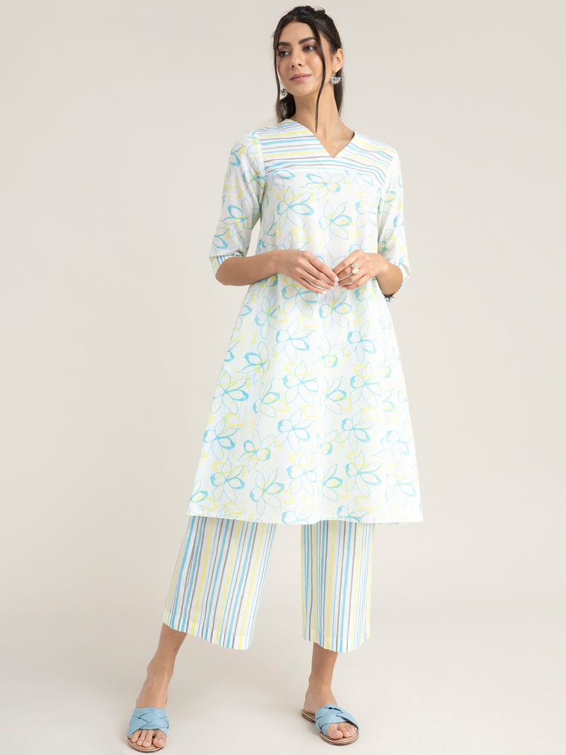 Buy Yellow And Blue Floral And Striped Kurta Set Online | Pinkfort