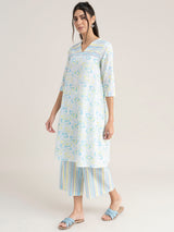 Buy Yellow And Blue Floral And Striped Kurta Set Online | Pinkfort