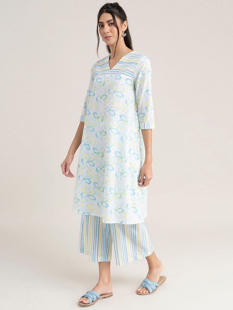Buy Yellow And Blue Floral And Striped Kurta Set Online | Pinkfort