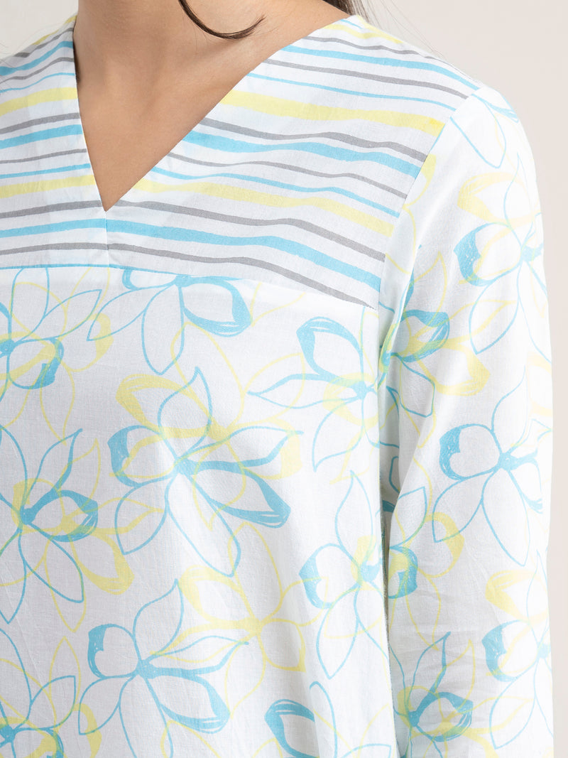 Buy Yellow And Blue Floral And Striped Kurta Set Online | Pinkfort