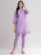 Buy Lilac Ruffle Neck Chanderi Silk Kurta Set Online | Pinkfort