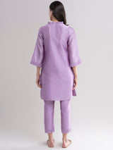 Buy Lilac Ruffle Neck Chanderi Silk Kurta Set Online | Pinkfort