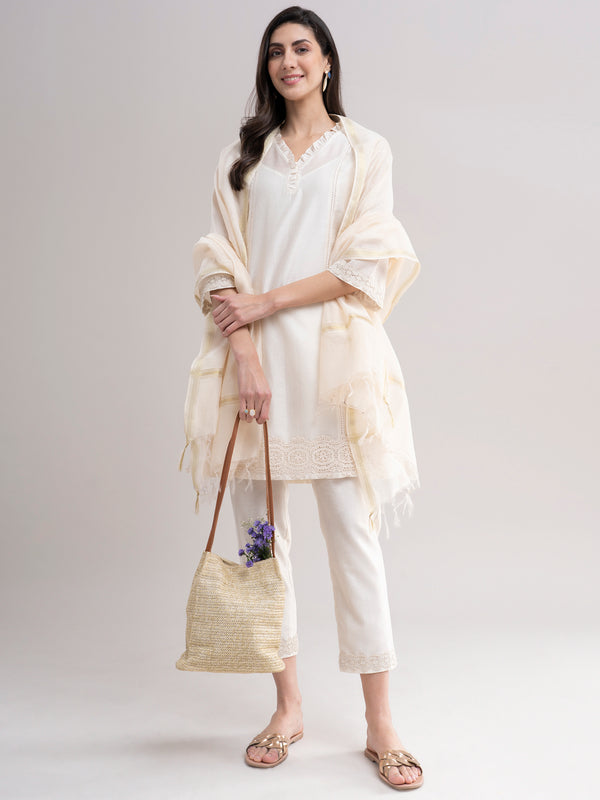 Buy Ivory Ruffle Neck Chanderi Silk Kurta Set Online | Pinkfort