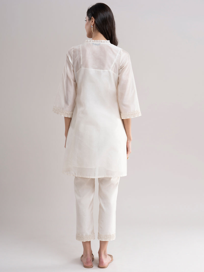 Buy Ivory Ruffle Neck Chanderi Silk Kurta Set Online | Pinkfort