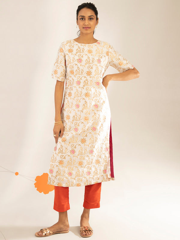 Buy White Tailored Brocade Chanderi Kurta Online | Marigold