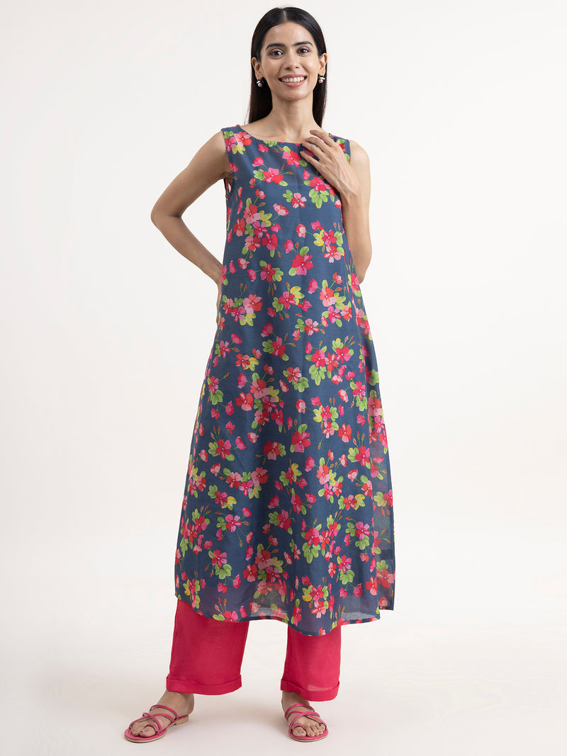 Buy Grey and Pink Chanderi Floral Kurta Set Online | Pink fort