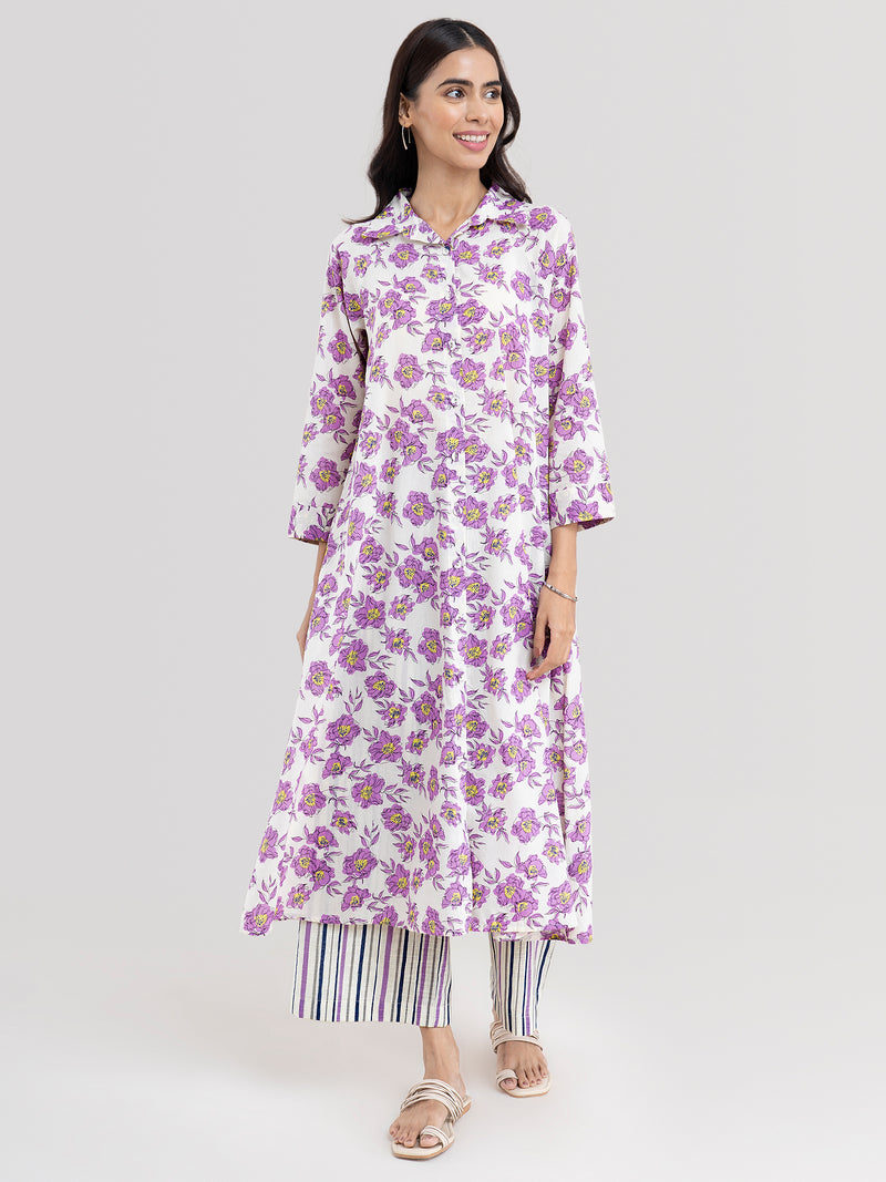 Buy Lilac Floral & Striped Cotton Kurta Set Online | Pinkfort