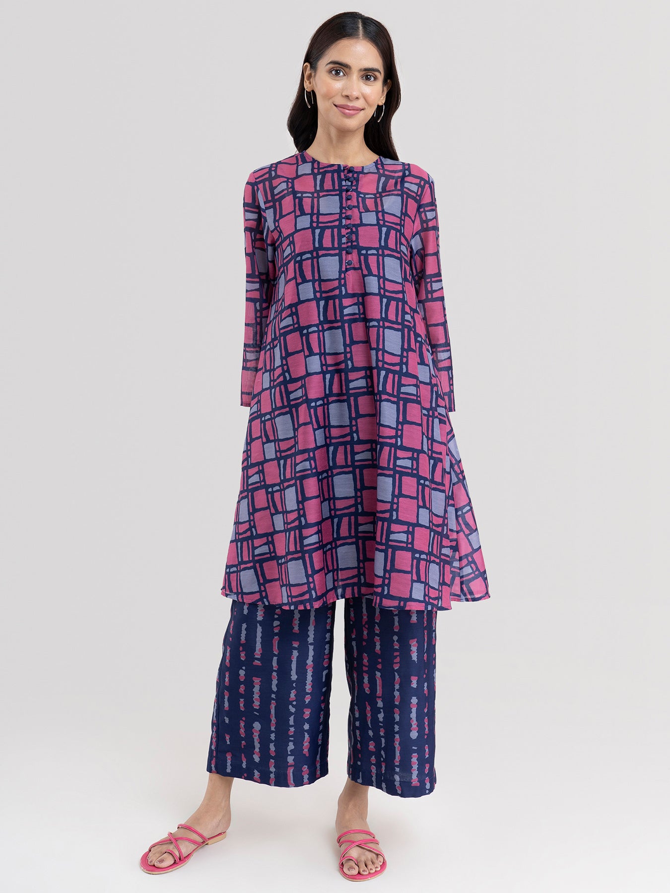 Buy Navy Blue Flared Sleeve Chanderi Kurta Set Online | Pinkfort – Pink ...