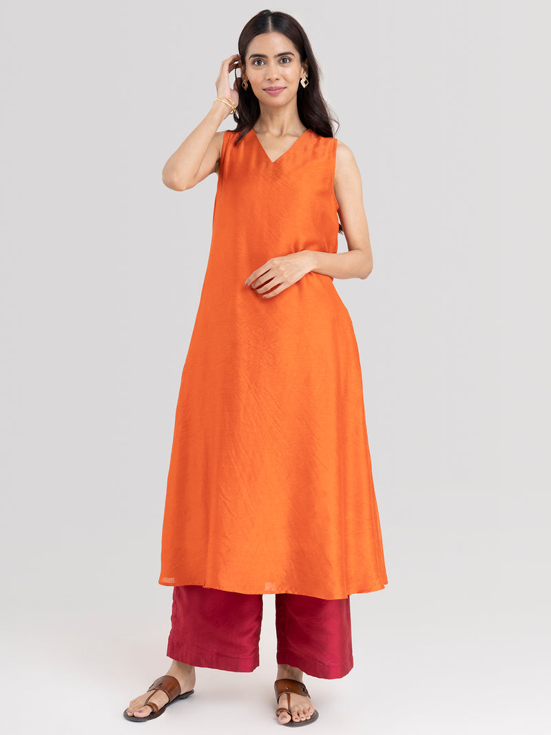 Buy Orange and Pink Chanderi Contrast Kurta Set Online | Pink fort