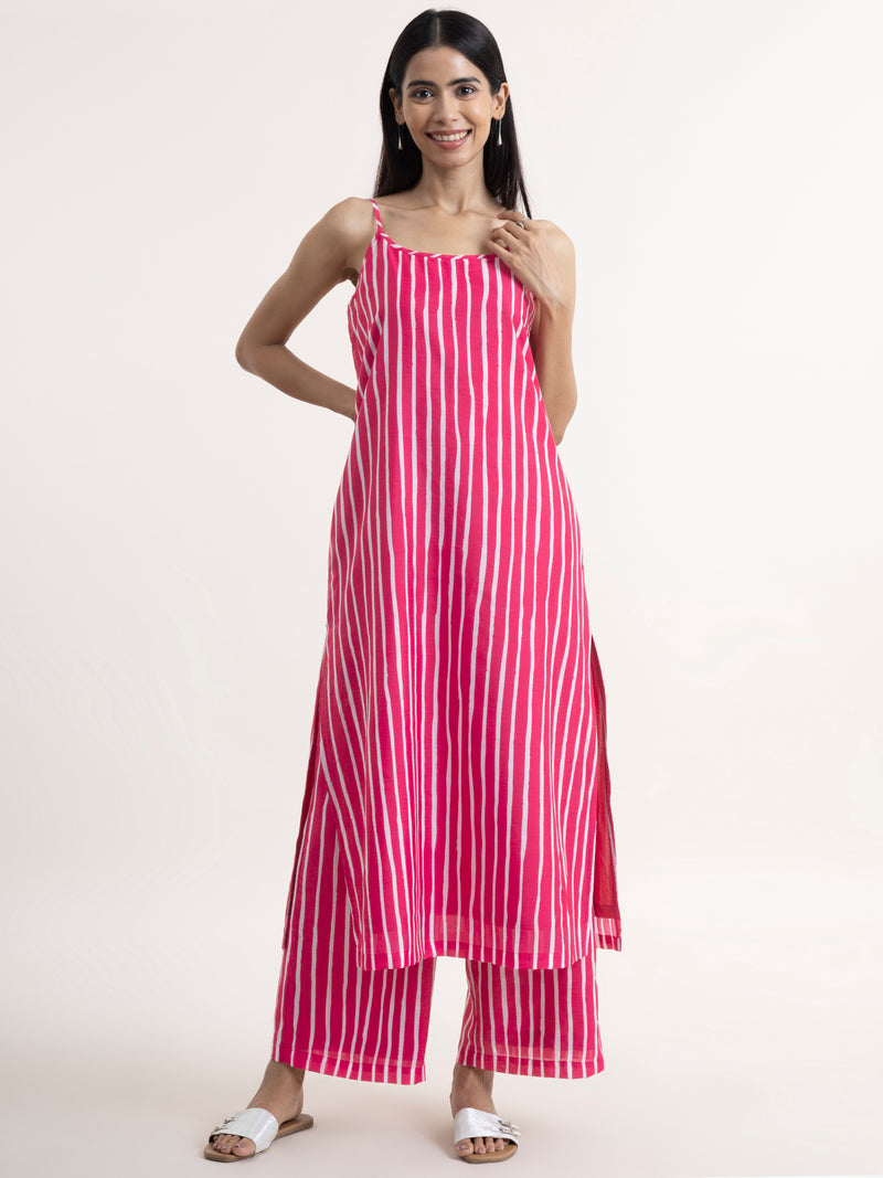 Buy Pink Chanderi Striped Sleeveless Kurta Set Online | Pink fort