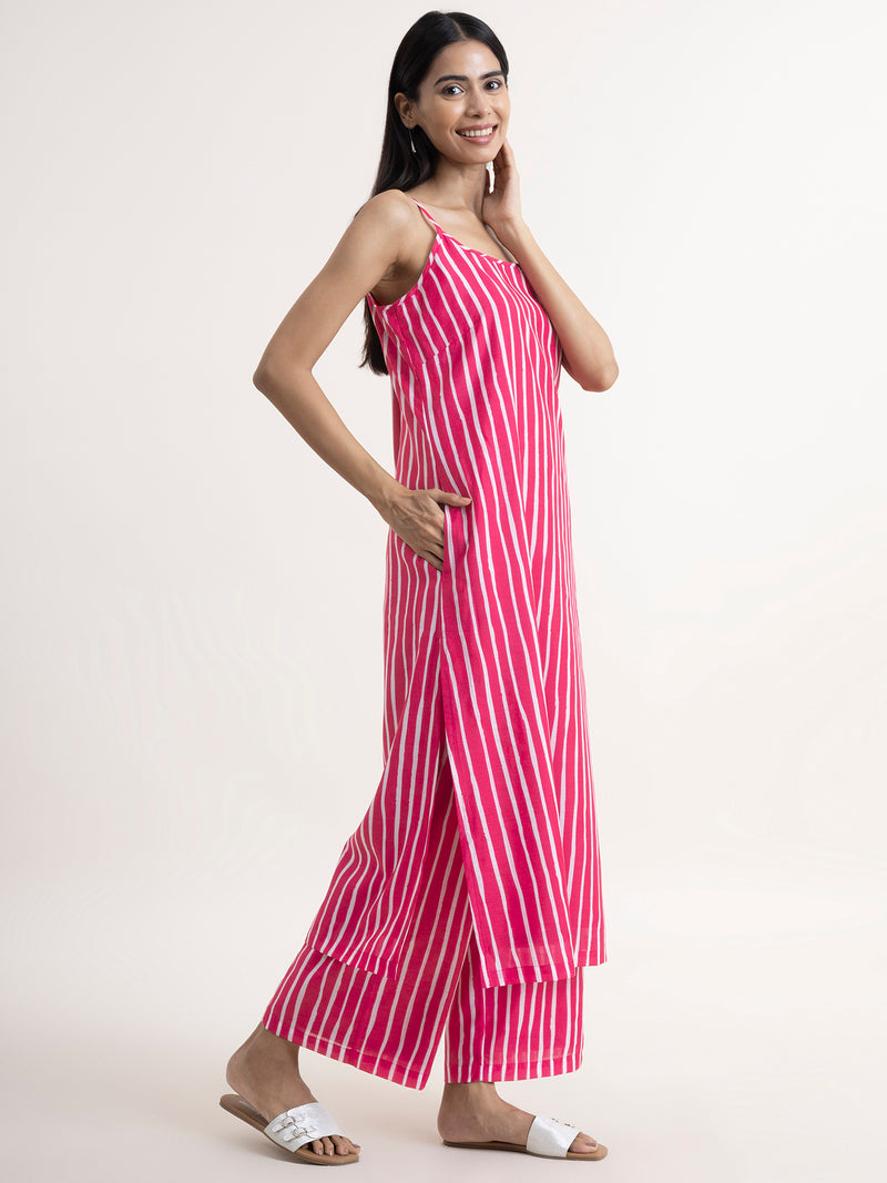 Buy Pink Chanderi Striped Sleeveless Kurta Set Online | Pink fort