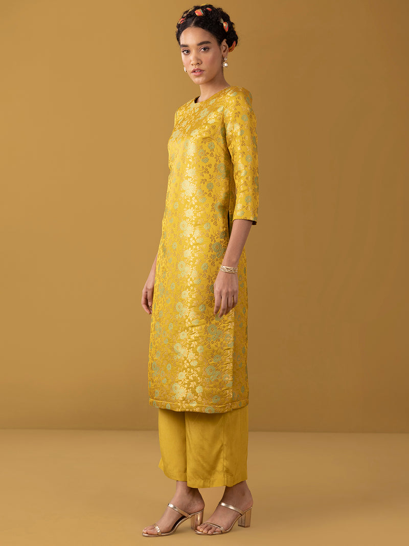 Buy Yellow Chanderi Brocade Round Neck Kurta Set - Yellow Online | Pink Fort