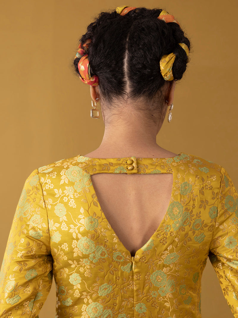 Buy Yellow Chanderi Brocade Round Neck Kurta Set - Yellow Online | Pink Fort