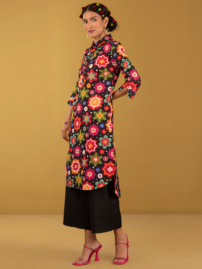 Buy Black Chanderi Shirt Collar Kurta Set - Black Online | Pink Fort