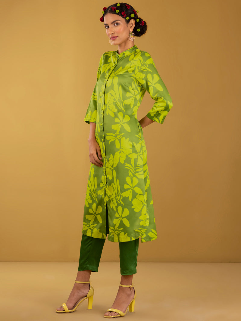 Buy Yellow and Green Pure Satin Round Neck Kurta Set - Yellow and Green Online | Pink Fort