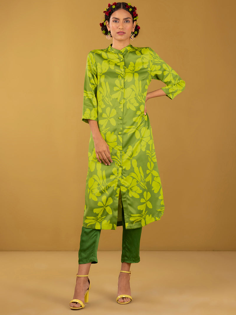 Buy Yellow and Green Pure Satin Round Neck Kurta Set - Yellow and Green Online | Pink Fort