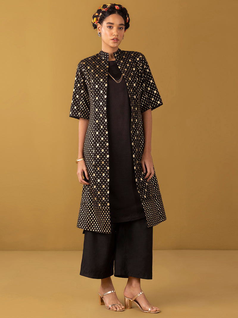 Buy Black Chanderi Brocade Kurta Set and Jacket Set - Black Online | Pink Fort