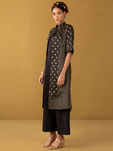 Buy Black Chanderi Brocade Kurta Set and Jacket Set - Black Online | Pink Fort