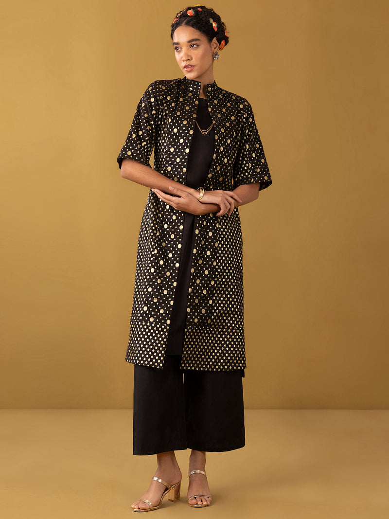 Buy Black Chanderi Brocade Kurta Set and Jacket Set - Black Online | Pink Fort