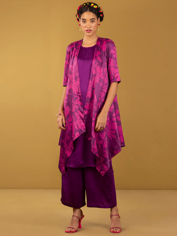 Buy Pink and Purple Satin Solid Kurta Set With Overlay - Pink and Purple Online | Pink Fort