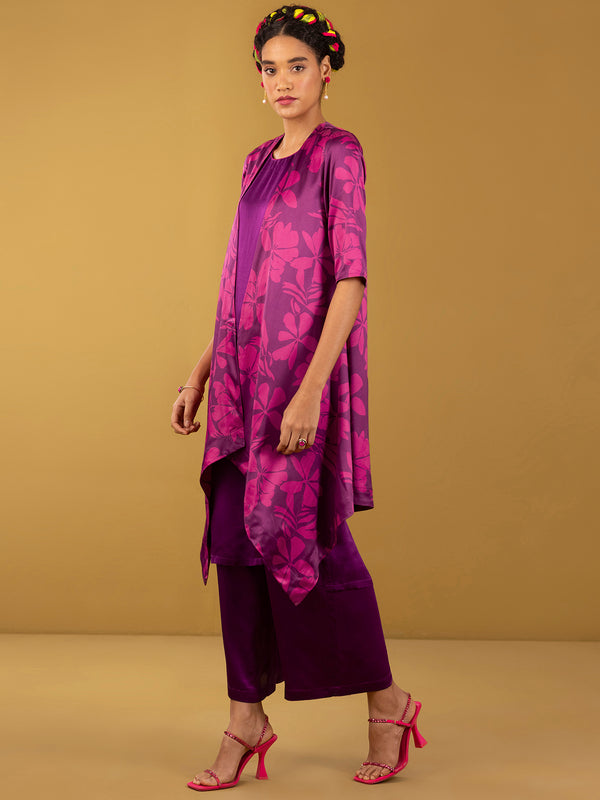 Buy Pink and Purple Satin Solid Kurta Set With Overlay - Pink and Purple Online | Pink Fort