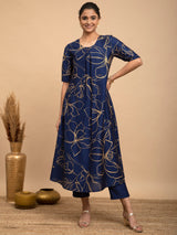 Buy Navy Blue Foil Print Silk Kurta Online | Pink Fort