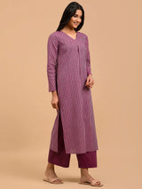 Buy Wine Striped Cotton Kurta Set Online | Pink Fort