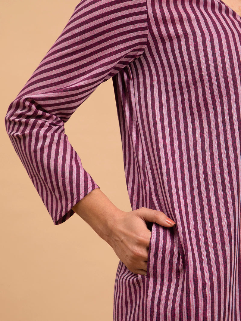 Buy Wine Striped Cotton Kurta Set Online | Pink Fort