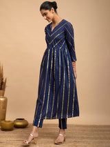 Buy Blue Cotton Lurex Flared Kurta Set Online | Pink Fort