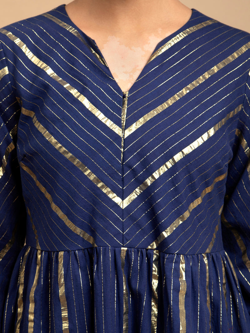 Buy Blue Cotton Lurex Flared Kurta Set Online | Pink Fort