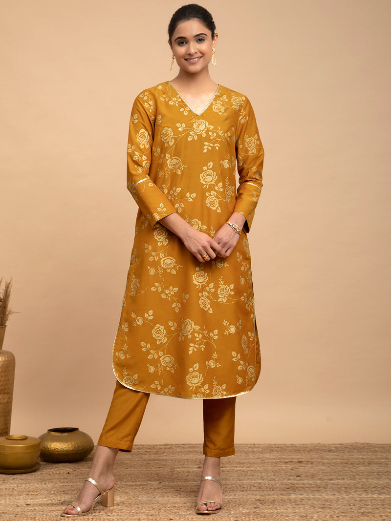 Buy Yellow Foil Print Silk Kurta Set Online | Pink Fort