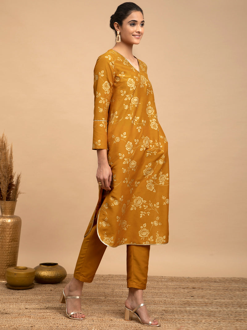Buy Yellow Foil Print Silk Kurta Set Online | Pink Fort