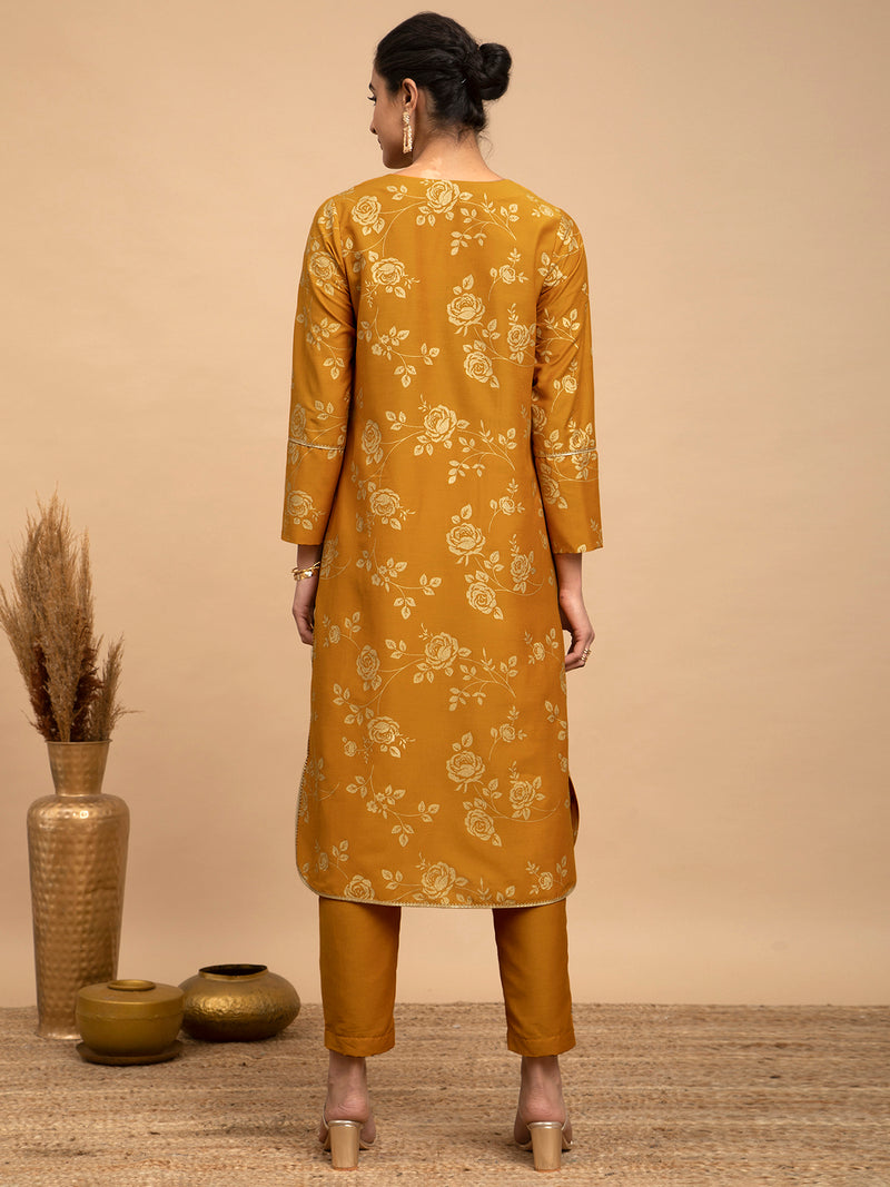 Buy Yellow Foil Print Silk Kurta Set Online | Pink Fort