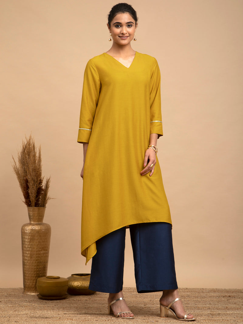 Buy Yellow and Navy Blue Asymmetrical Silk Kurta Set Online | Pink fort