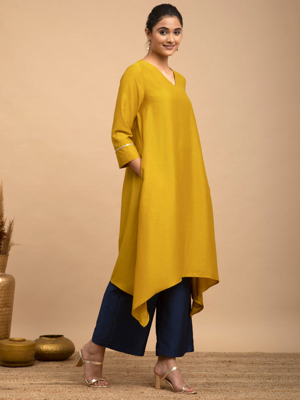 Buy Yellow and Navy Blue Asymmetrical Silk Kurta Set Online | Pink fort