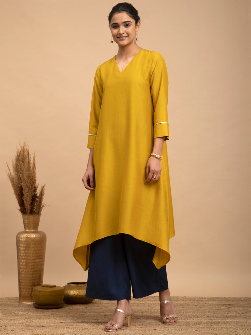 Buy Yellow and Navy Blue Asymmetrical Silk Kurta Set Online | Pink fort