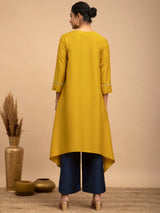 Buy Yellow and Navy Blue Asymmetrical Silk Kurta Set Online | Pink fort