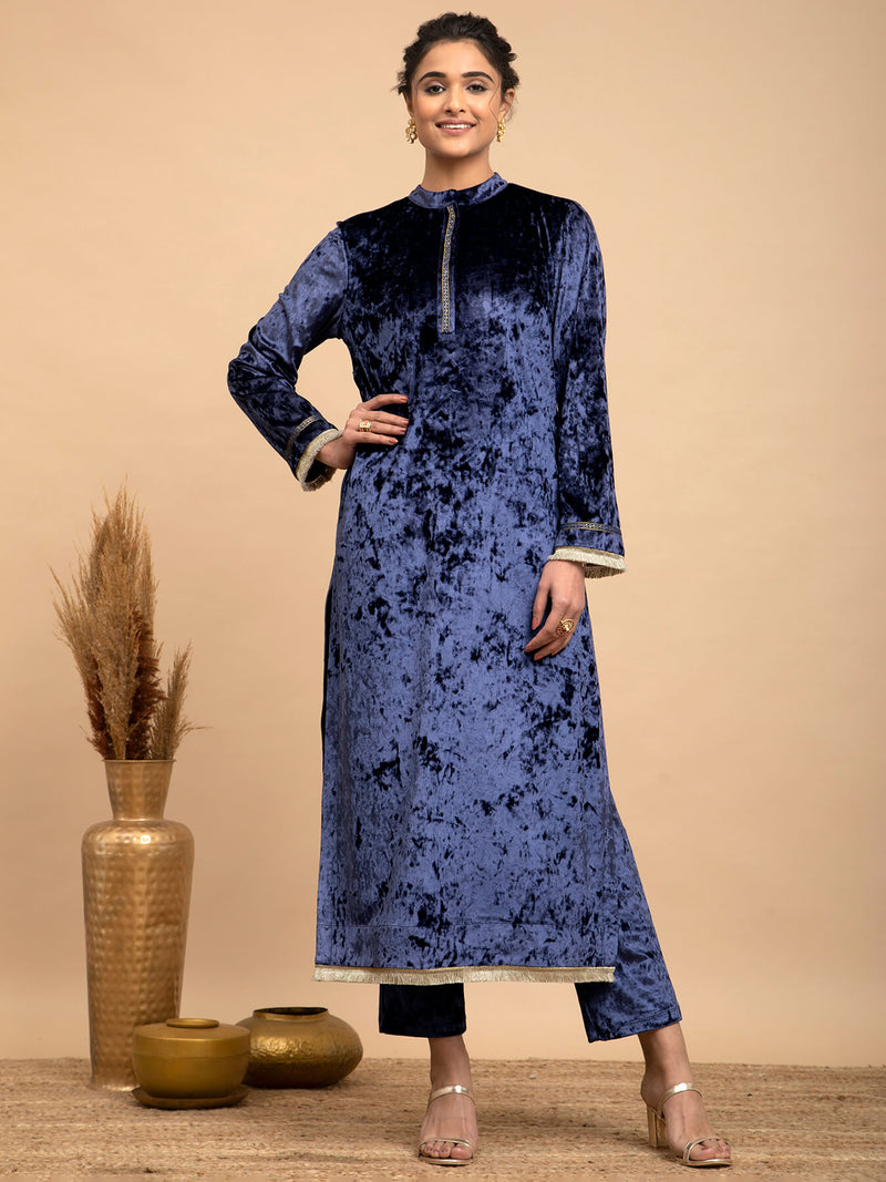 Buy Blue Velvet Long Kurta Set Online | Pinkfort