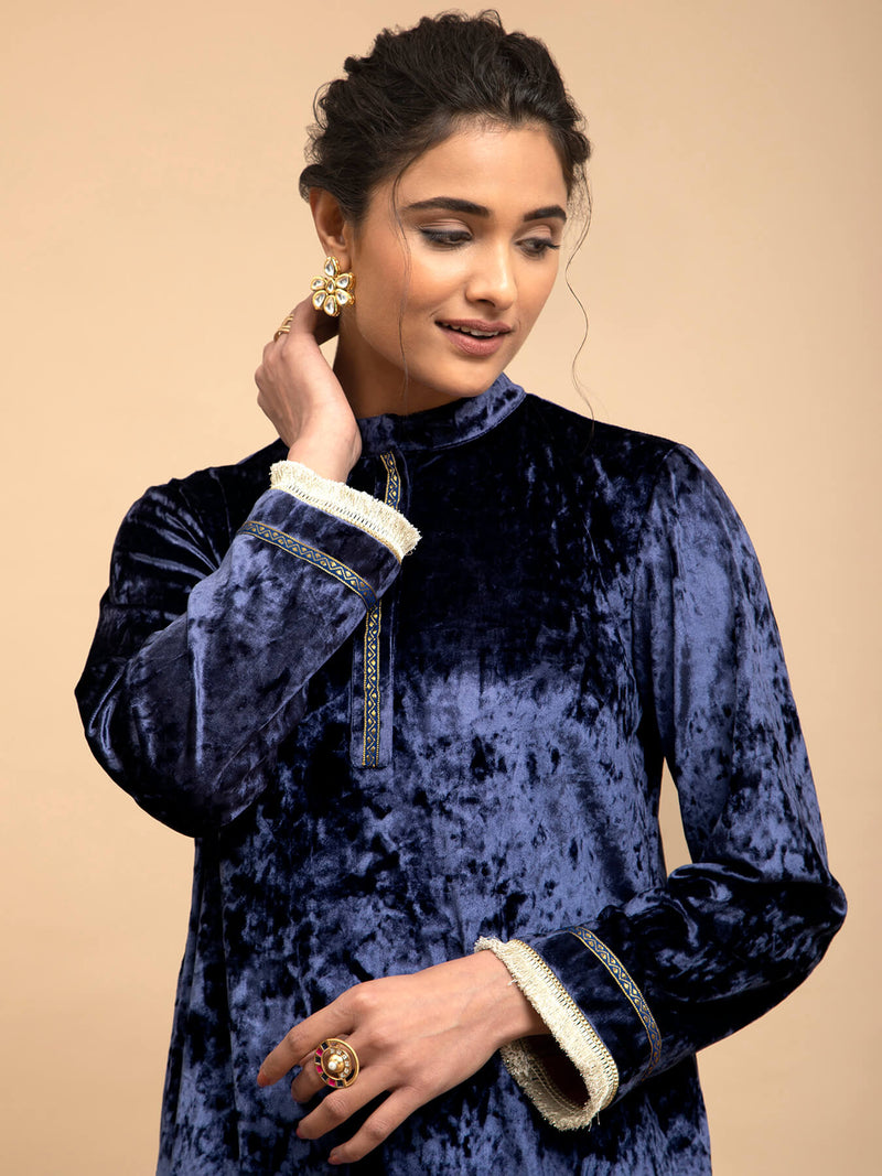 Buy Blue Velvet Long Kurta Set Online | Pinkfort