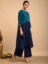 Buy Teal and Navy Blue Colour Block Silk Kurta Set Online | Pinkfort